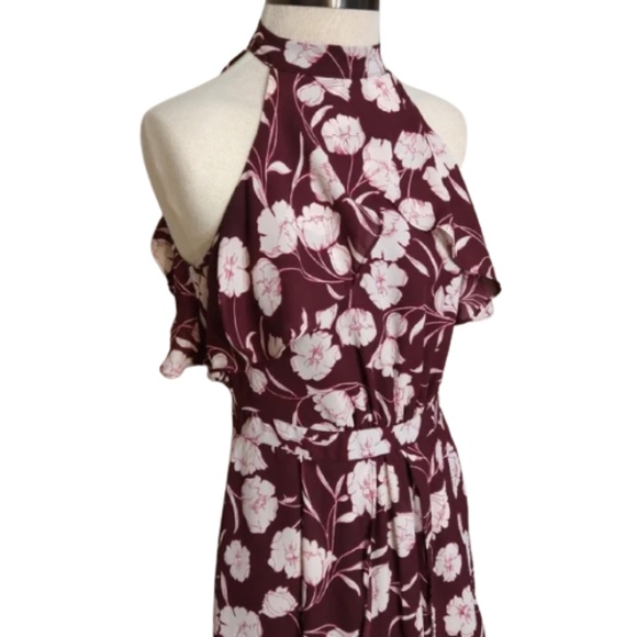 LC LAUREN CONRAD RUNWAY COLLECTION Dress Midi Floral Halter Ruffle Wine 2 12 - Picture 6 of 7